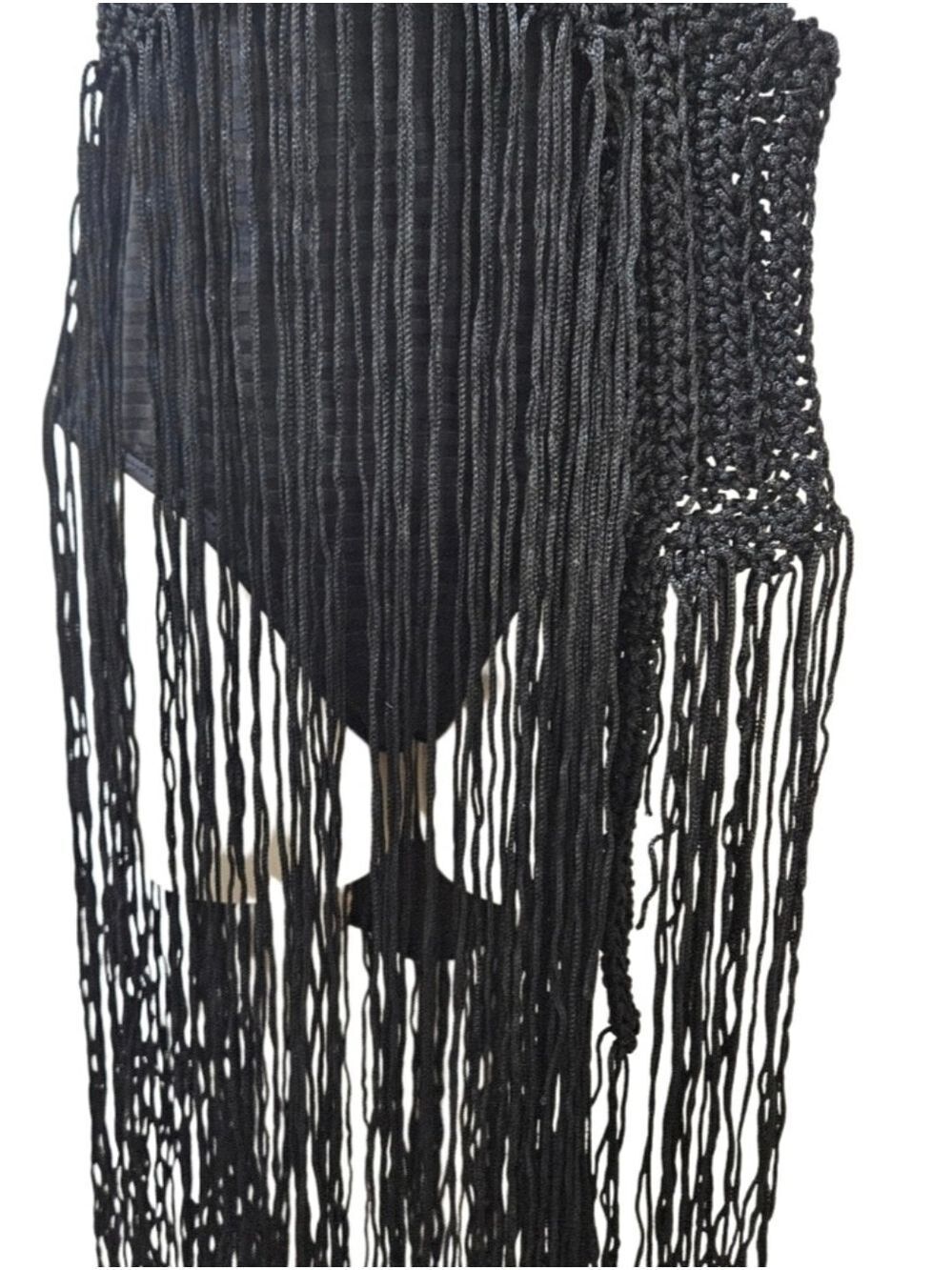 BLACK HAND CRAFTED CROCHET FRINGE HALTER TOP VNECK 2-WAY FESTIVAL BEACH COVER UP - Picture 10 of 17